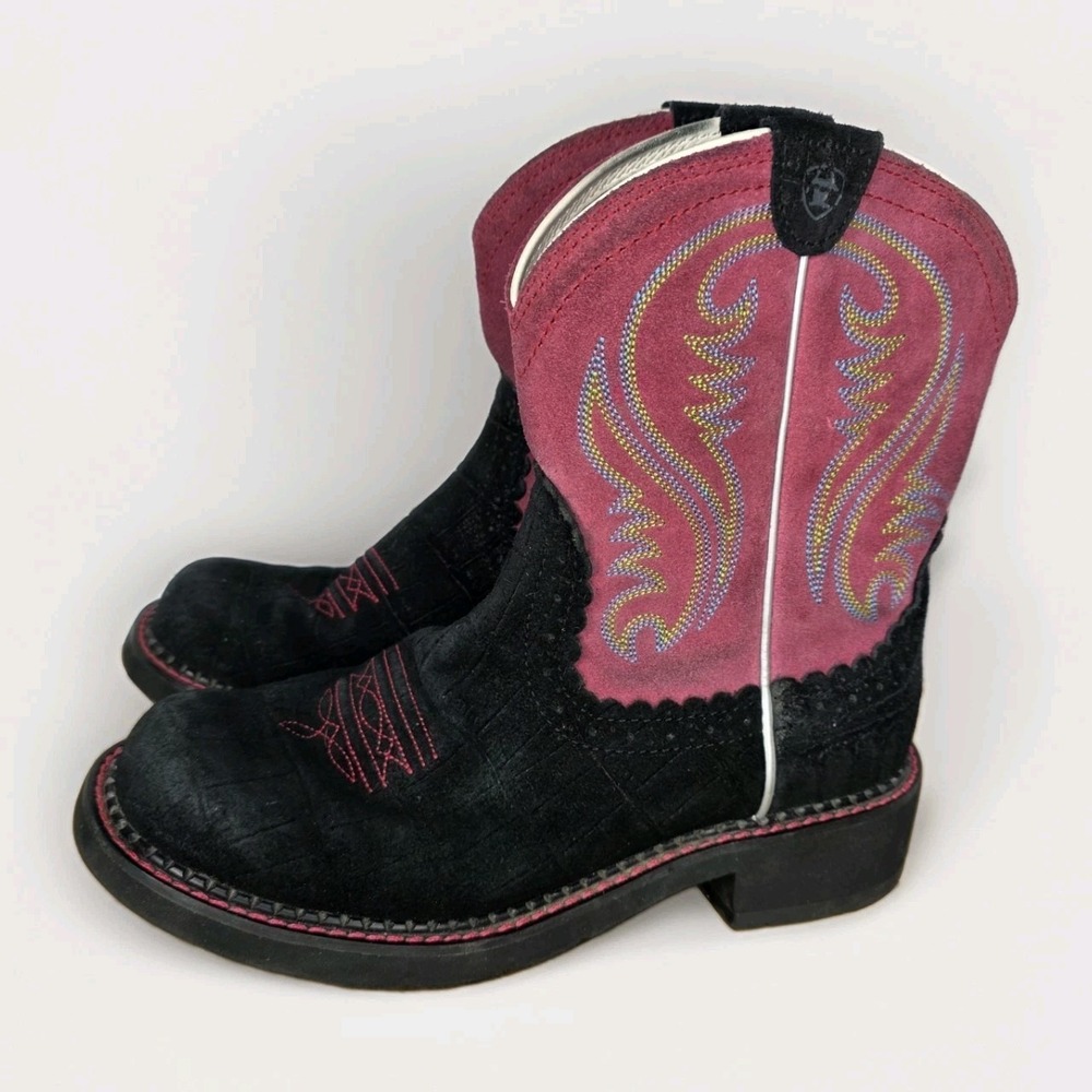 Ariat Fatbaby boots Black Alligator Print Suede Pink Sz 7.5 Cowboy Western Ranch